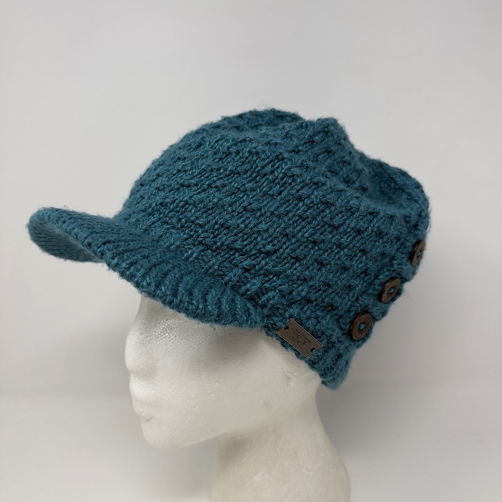 Mountain Hardwear Teal Blue Chunky Knit Visor Beanie Hat with Buttons Logo Large